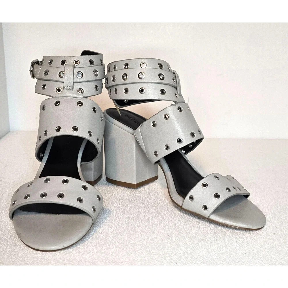 Rebecca Minkoff CARTER Heeled Studded EYELET Sandals Leather Gray Size 6 M